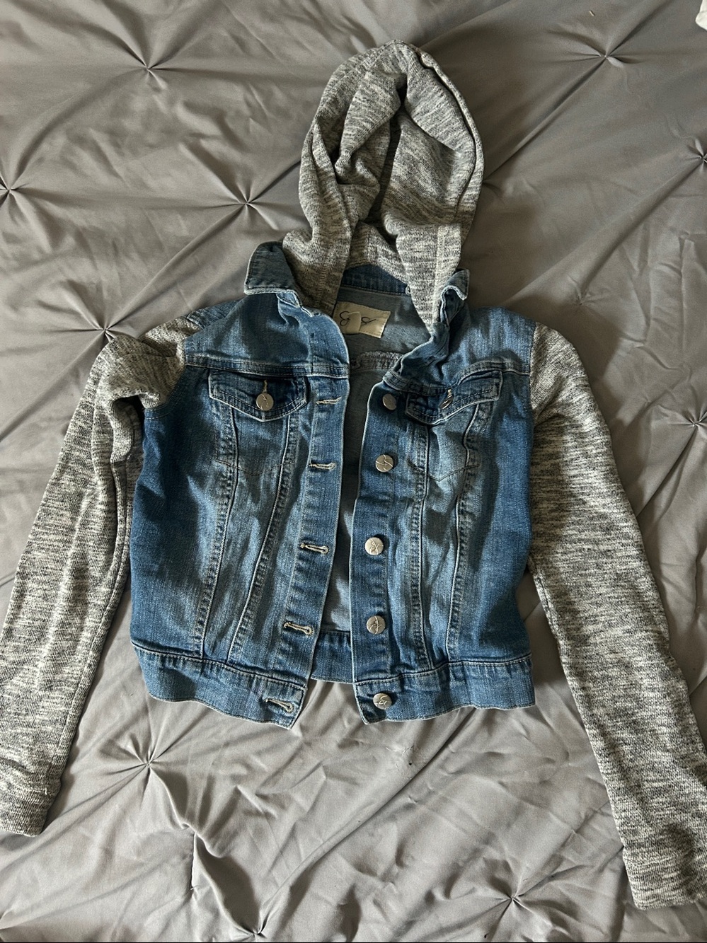 Jessica Simpson Blue Denim Jacket with Gray Knit Hood & Sleeves